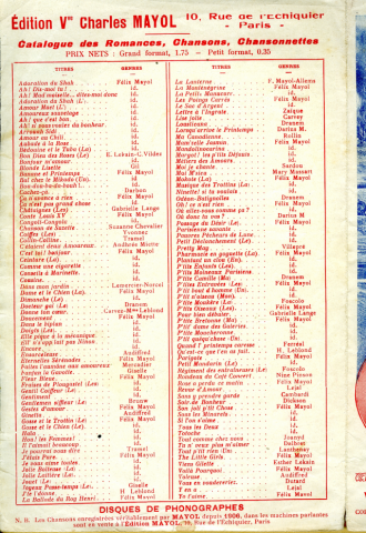 Catalogue Vve Charles Mayol Éditeur. 137 titres - Verso Allemagne au-dessous de tout (Répertoire Mayol) [cat-VveCM-137], Vve Charles Mayol Éditeur .